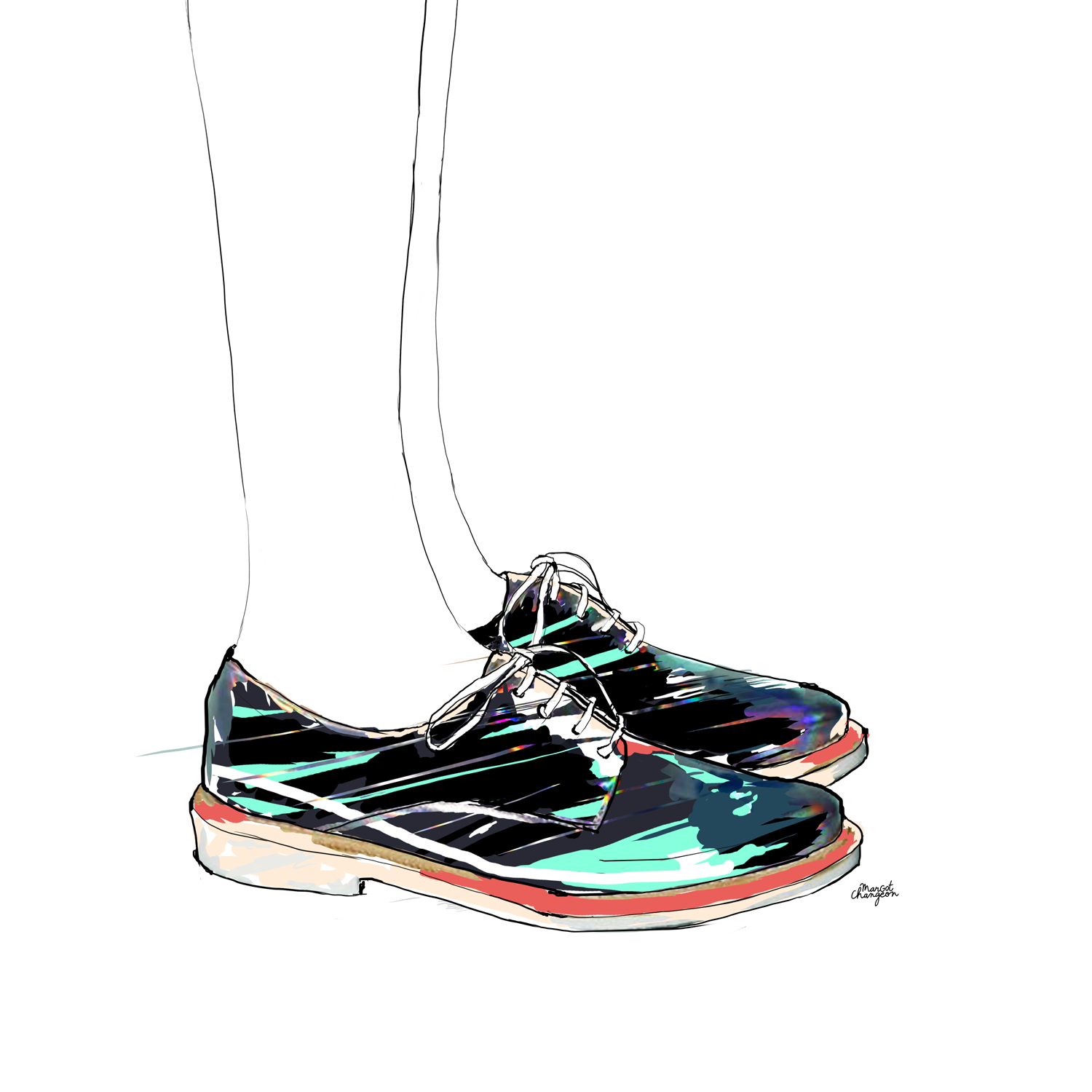 Illustration chaussures derby multicolores par Margot Changeon