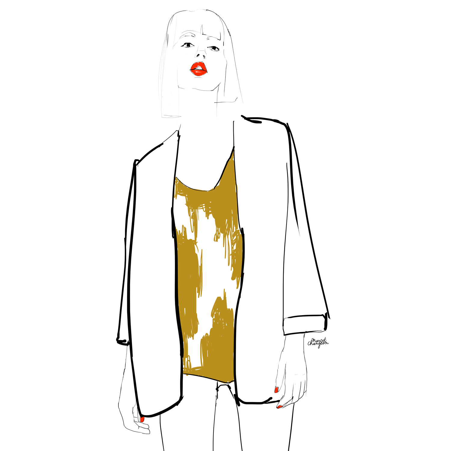 Illustration femme mode veste dorée par Margot Changeon.