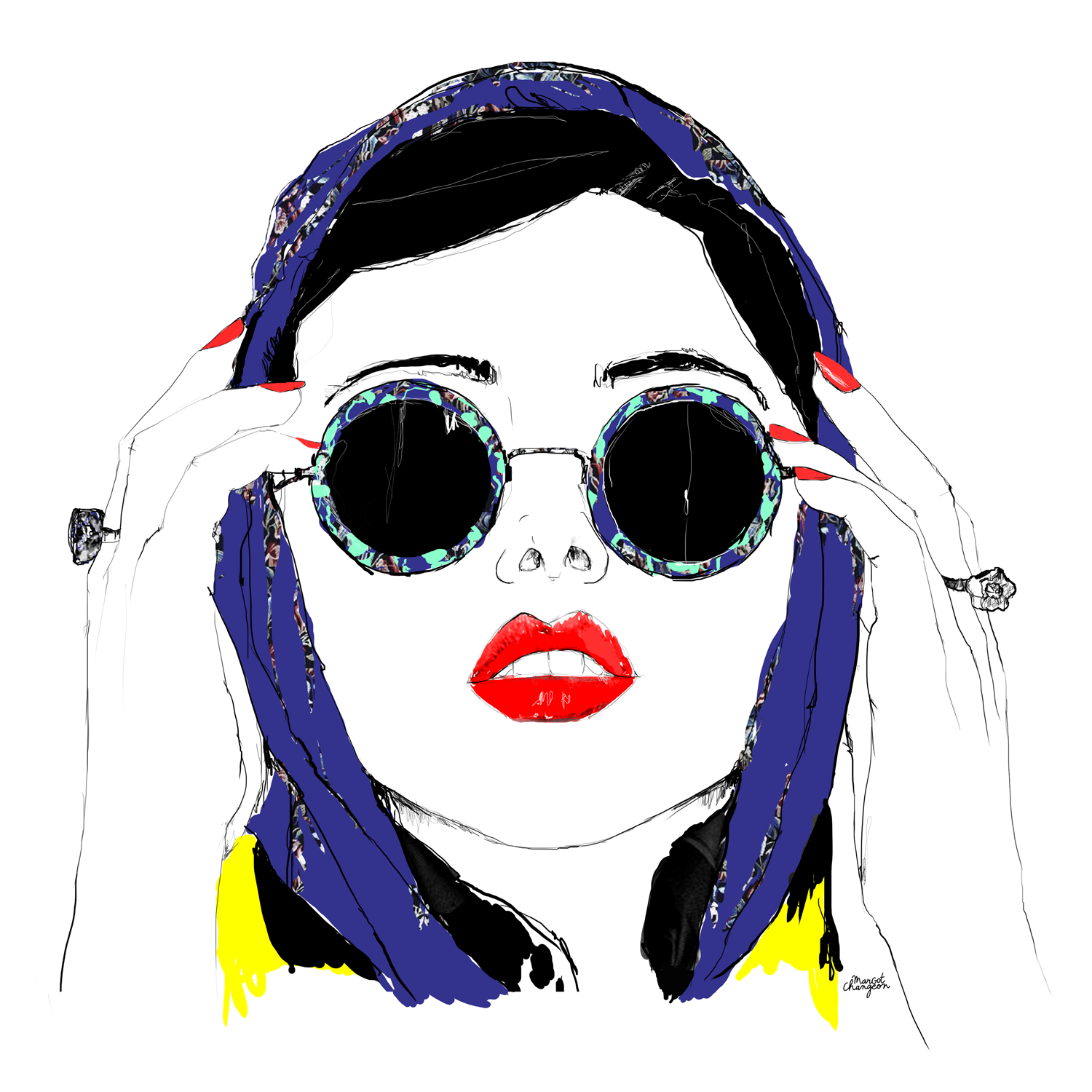 Illustration femme lunettes châle mode par Margot Changeon
