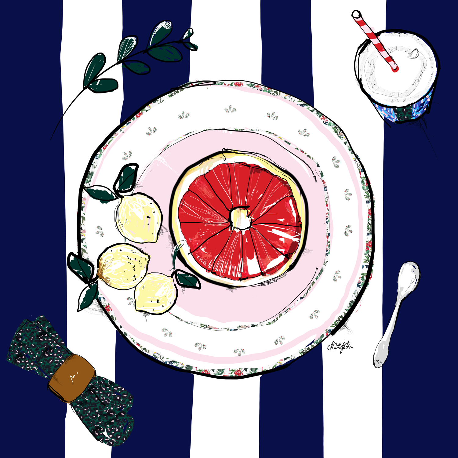 Illustration assiette gastronomie pamplemousse par Margot Changeon.