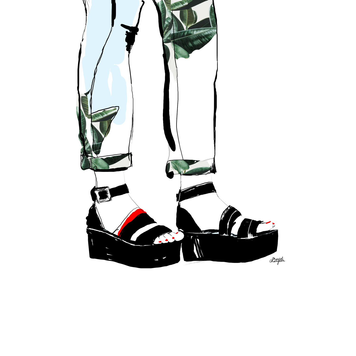 Illustration sandales plateformes et pantalon tropical par Margot Changeon