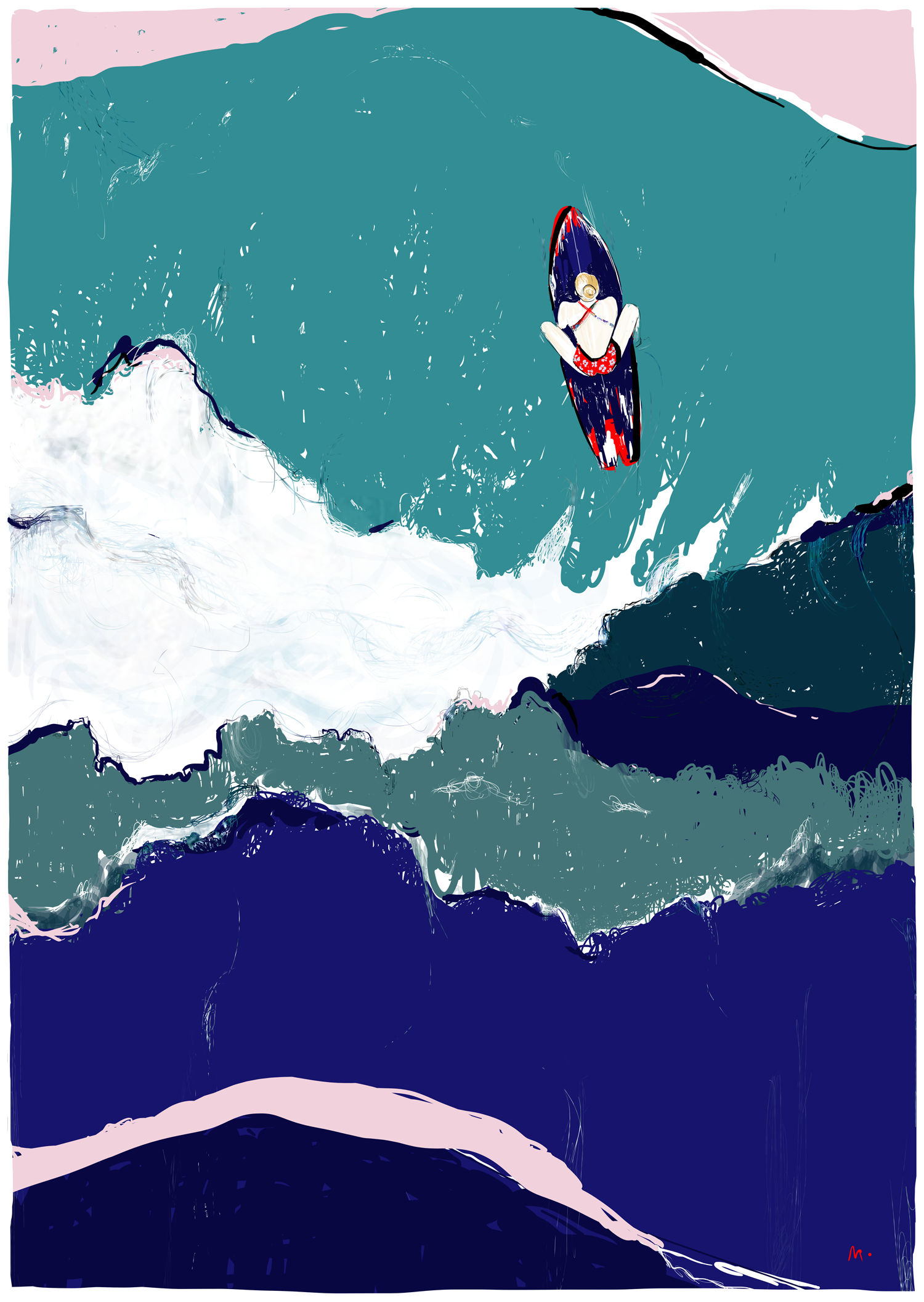 Illustration surfeuse par Margot Changeon - Thème aventure et surf