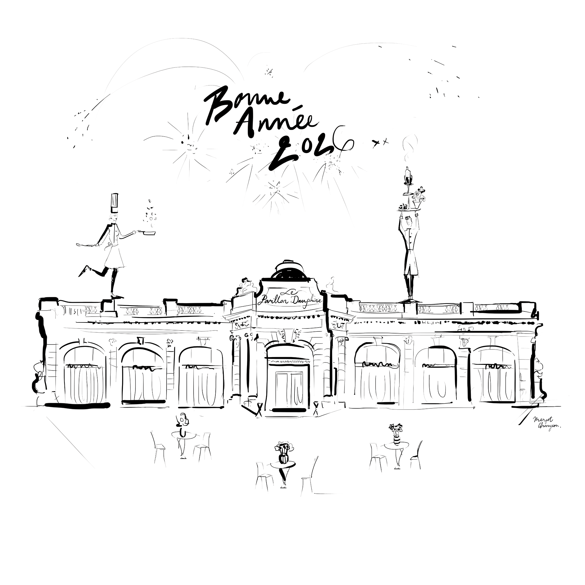 Carte de voeux du Pavillon Dauphine pour SaintClair du groupe Potel et Chabot - Illustration par Margot Changeon